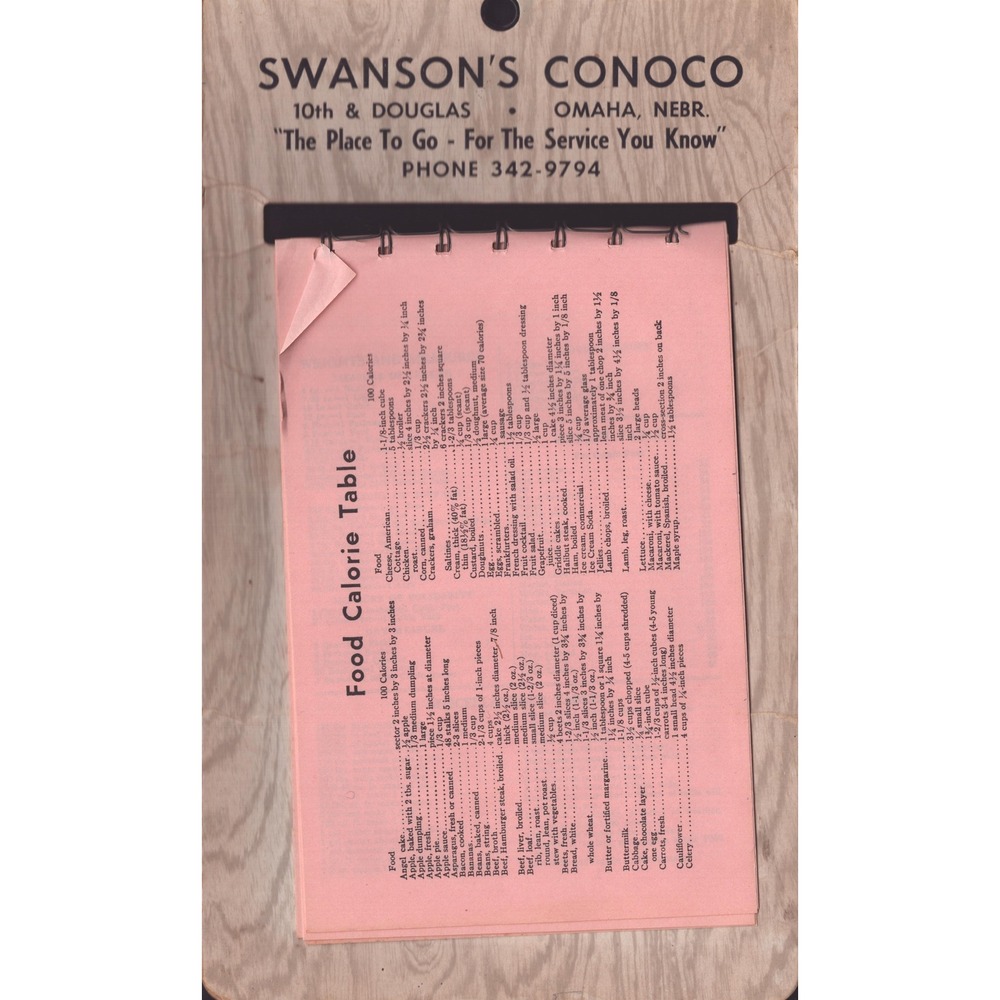 Vintage Swanson's Conoco Omaha Nebraska Food Calorie Table Notepad Easel
